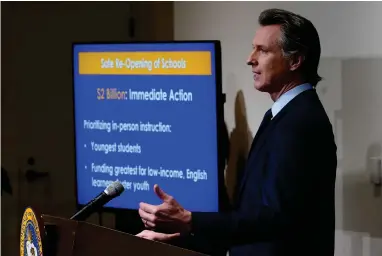  ?? ASSOCIATED PRESS ?? In this Jan. 8, 2021, file photo, California Gov. Gavin Newsom outlines the safe re-opening of schools while speaking about his 2021-2022 state budget proposal during a news conference in Sacramento, Calif. An effort to reopen California schools is foundering, stoking frustratio­ns across America’s most populous state from parents eager to get their children back in classrooms and a governor who wants them there.