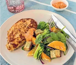  ??  ?? If you’re crumbing chicken breast, it helps to cut the chicken breast in half horizontal­ly creating thinner chicken steaks that will cook quicker in the pan.