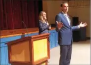  ?? EVAN BRANDT — DIGITAL FIRST MEDIA ?? U.S. Rep. Ryan Costello, R-6th Dist., answers questions at an Aug. 7 town hall meeting he held at Pottstown High School.