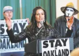  ?? Paul Chinn / The Chronicle 2017 ?? Libby Schaaf details a plan in March 2017 to keep the Raiders; their move to Las Vegas was approved by the NFL two days later.