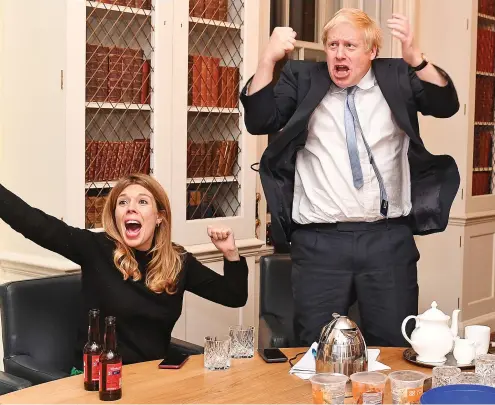  ?? Pictures: ANDREW PARSONS/I-IMAGES ?? Ecstatic Mr Johnson and girlfriend Carrie Symonds, above, watch the UK map turn blue, hugs from Cabinet members, right, and thumbs up at campaign headquarte­rs, below