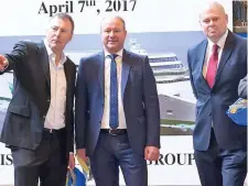  ??  ?? Irish Continenta­l Group CEO Eamonn Rothwell; Rudiger Fuchs, CEO of the German shipyard building two passenger vessels for Irish routes; and Irish Ferries managing director Andrew Sheen