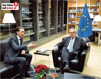  ??  ?? Am Altar der EU huldvoll aufgenomme­n: Kurz bei Juncker in der Brüsseler EU- Zentrale