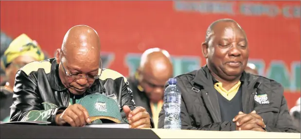  ?? PICTURE: SIMPHIWE MBOKAZI ?? TOUGH DAY: ANC president Jacob Zuma and deputy president Cyril Ramaphosa at the ANC’s national policy conference at Nasrec yesterday.