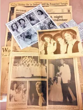  ??  ?? A collage of newspaper clippings of coverage of past Señorita Balls includes a photo of founder Margaret Leggette, center bottom.