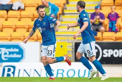  ?? Picture: SNS Group. ?? Matty Kennedy, left, and Chris Kane celebrate against Livingston.