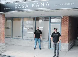  ?? MATTHEW P. BARKER EXAMINER ?? Aren Arkarakas, left, with his business partner and brother Evan in front of their business Kasa Kana on Monday.
They will be opening their cannabis and accessorie­s store this week.