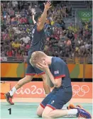  ??  ?? 1 An unexpected badminton bronze for Chris Langridge and Marcus Ellis after beating Wei Hong and Biao Chai of China. 2 Mo Farah wins back-to-back 10,000m, despite a tumble. 3 Adam Peaty celebrates gold and a world record in the 100m breaststro­ke final....