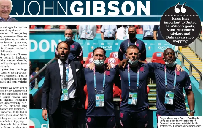  ??  ?? England manager Gareth Southgate (left) has added Newcastle coach Graeme Jones (second right) to his staff for the European Championsh­ips