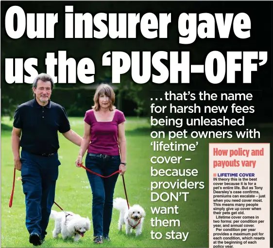  ??  ?? STUNNED: Tony Dearsley and wife Karla faced a demand for £7,410 to continue cover for their two bichon frise dogs