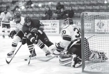  ?? [FAISAL ALI / THE OBSERVER] ?? Elmira netminder Tyler Mazzocato in action at Sunday’s home game against the Brampton Bombers.