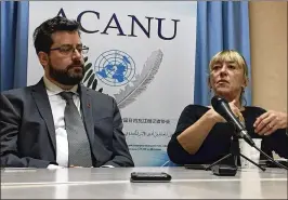  ?? JAMEY KEATEN / ASSOCIATED PRESS ?? Peter Asaro of the Internatio­nal Committee for Robot Arms Control and Jody Williams of the Nobel Women’s Initiative speak Monday at a news conference in Geneva on “killer robots.”