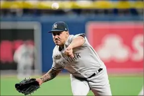  ?? Chris O'meara / Associated Press ?? Yankees starter Nestor Cortes was sharp again Thursday, holding Tampa Bay to one run and four hits in eight-plus innings. His ERA is 1.70 this season.