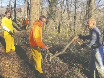  ?? BY JOHN MCCASLIN ?? RSW inmates on Monday help Rappahanno­ck County Park volunteer Torney Van Acker (right) clear invasive species on the hillside above the Rush River.