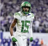  ?? DAVID BECKER / AP FILE ?? Oregon wide receiver Tez Johnson and the rest of Ducks bring their show to the Big 10 this season. They bring a No. 3 preseason ranking, their best since 2014 when they held that same spot. Ohio State visits Oregon on Oct. 12.