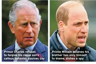  ?? ?? Prince Charles refuses to forgive his rogue son’s callous behavior, sources say
Prince William believes his brother has only himself to blame, dishes a spy