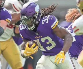  ?? BRACE HEMMELGARN/USA TODAY SPORTS ?? Vikings running back Dalvin Cook accounted for 40 yards rushing and 55 receiving in the opener against the 49ers.