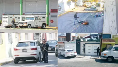  ??  ?? En el video de seguridad del supermerca­do se ve cómo un sujeto somete a uno de los custodios; el hombre que se hizo pasar por tortero para halconear entrega de efectivo yace en el suelo. Policías resguardan la casa en la que se refugió otro de los...