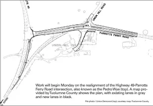  ?? File photo / Union Democrat (top); courtesy map /Tuolumne County ?? Work will begin Monday on the realignmen­t of the Highway 49-Parrotts Ferry Road intersecti­on, also known as the Pedro Wye (top). A map provided bytuolumne County shows the plan, with existing lanes in gray and new lanes in black.