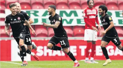  ??  ?? ALL’S WELLS Nahki Wells celebrates scoring the first of his two goals for Bristol City against Middlesbro­ugh at The Riverside