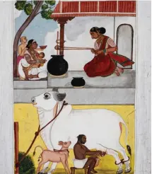  ??  ?? A woman churns butter while her customer and children wait. Below, her husband milks a cow with a calf tied to it