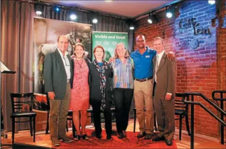  ?? LAUREN HALLIGAN — LHALLIGAN@DIGITALFIR­STMEDIA.COM ?? From left: Dean of special programs at Skidmore College Paul Calhoun, executive director of Caffè Lena Sarah Craig, SPAC president and CEO Elizabeth Sobol, Saratoga Springs Mayor Meg Kelly, president of Turf Hotels Brian Straughter and Saratoga County...