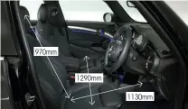  ??  ?? 970mm
Boot 278-941 litres Suitcases 4 1290mm
Narrow rear and big hump in
oor make the Mini the worst for carrying three in the back.you can adjust the seatback angle, though. Boot is the smallest here; it can hold only four suitcases 1130mm