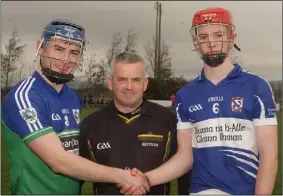  ??  ?? Referee Brendan Martin with captains Ger Dempsey and Mike Kelly.
