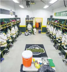  ??  ?? The Humboldt Broncos dressing room sits ready for use before the home opener at Elgar Petersen Arena in Humboldt on Wednesday.