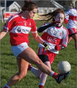  ??  ?? A Louth player clears her lines during Sunday’s game in Derry.