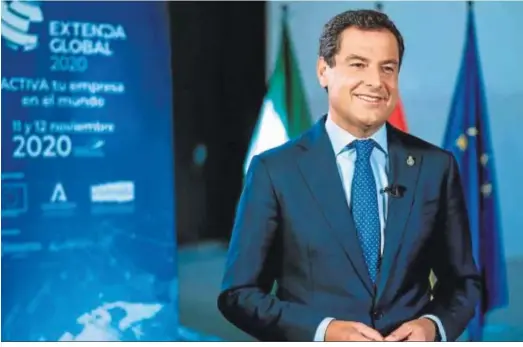  ??  ?? El presidente de la Junta, Juanma Moreno, ayer miércoles, durante la inauguraci­ón virtual de Extenda Global 2020.