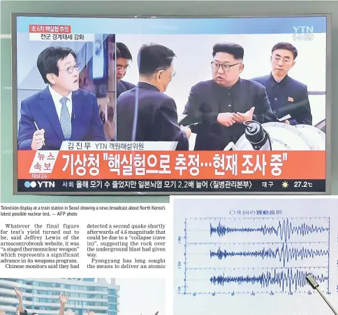  ??  ?? Television display at a train station in Seoul showing a news broadcast about North Korea’s latest possible nuclear test. — AFP photo Japan Meteorolog­ical Agency’s earthquake and tsunami observatio­ns division director Toshiyuki Matsumori points at...