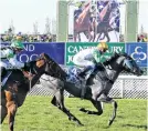  ?? PHOTO: RACE IMAGES SOUTH ?? Emily Margaret has the measure of Wekaforce in the Canterbury Belle Stakes at Riccarton Park on Saturday.