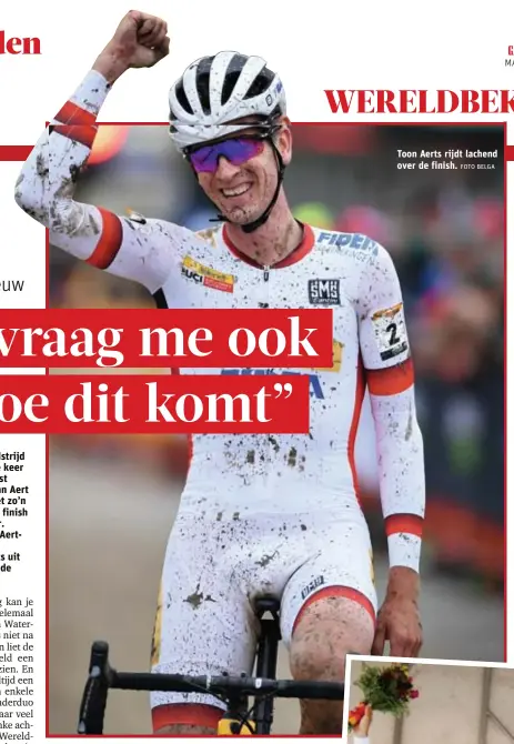  ?? FOTO BELGA ?? Toon Aerts rijdt lachend over de finish.