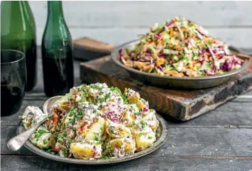  ??  ?? This loaded potato salad and perfect barbecue slaw will have your friends and family eager for more gettogethe­rs over the summer months.