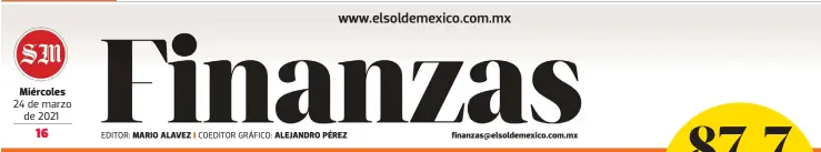  ?? EDITOR: COEDITOR GRÁFICO: ?? Miércoles 24 de marzo de 2021
MARIO ALAVEZ
ALEJANDRO PÉREZ finanzas@elsoldemex­ico.com.mx