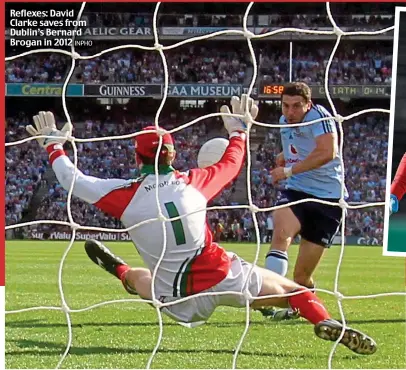  ?? INPHO ?? Reflexes: David Clarke saves from Dublin’s Bernard Brogan in 2012