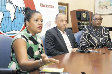  ?? (Photo: Joseph Wellington) ?? Tanya Golaub (left), chief operating officer, LCH Developmen­ts, builders of The Pinnacle luxury developmen­t in Montego Bay, speaking at this week’s Jamaica Observer Monday Exchange. Also photograph­ed are Roger Williams, interim CEO, Spectrum Capital Holdings, parent company of RE/MAX Elite Realty; and Donalda Daley-martin, regional sales and relationsh­ip manager, RE/MAX.