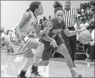  ?? Arkansas Democrat-Gazette/MITCHELL PE MASILUN ?? Little Rock Parkview guard Morgan Brady (right) is averaging a team-leading 12.3 points per game for the Lady Patriots, who haven’t lost since a 52-42 setback to Pulaski Academy on Jan. 24.