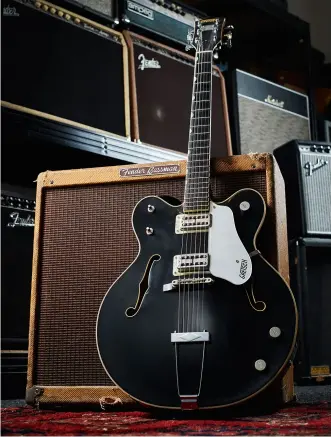  ??  ?? Johnny Marr’s Gretsch 6122 Chet Atkins Country Gentleman is far from original, with its black refinish and changed hardware, but it’s a firm studio favourite of The Smiths’ guitarist