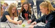  ?? CHRISTINE WOLKIN — FOR DIGITAL FIRST MEDIA ?? From left, Megan Laughery, Micki Seccoed and Belle Sparango build a straw tower during the Engineerin­g Night for Girls on Feb. 8 at North Penn High School.