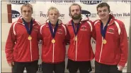  ?? ANDREW HELLER - READING EAGLE ?? Wilson’s 200medley relay team of, from left, Isaiah Eberly, Brady Wolf, Takoda Heckman and Josh Woessner wins gold at the District 3Class 3A championsh­ips.