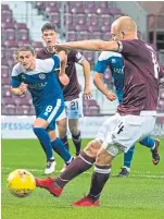  ?? Pictures: SNS Group. ?? Steven MacLean, top, celebrates scoring Hearts’ first goal; Steven Naismith, right, makes it 4-0 from the penalty spot; Cowden’s Robbie Buchanan challenges Uche Ikpeazu.