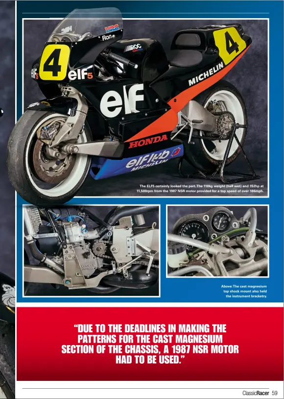  ??  ?? The ELF5 certainly looked the part.the 118kg weight (half wet) and 152hp at 11,500rpm from the 1987 NSR motor provided for a top speed of over 186mph.
Above:the cast magnesium top shock mount also held the instrument bracketry.