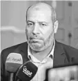  ??  ?? Islamist Palestinia­n movement Hamas’ senior political leader, Khalil al-Hayya, speaks during a press conference at the end of two days of closed-door talks attended by representa­tives of 13 leading political parties held in the Egyptian capital Cairo....