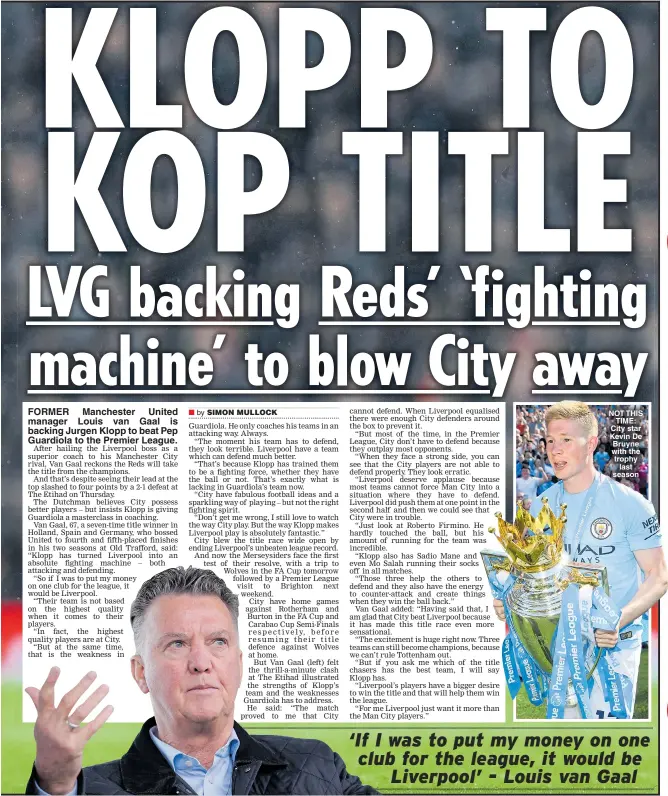  ??  ?? NOT THIS TIME: City star Kevin De Bruyne with the trophy last season