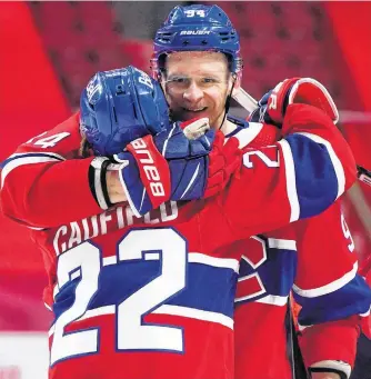  ?? ERIC BOLTE • USA TODAY SPORTS ?? Montreal Canadiens veteran Corey Perry, right, congratula­tes teammate Cole Caufield after the rookie scored his first career NHL goal on May 1. Perry, 36, has been nominated for the Bill Masterton Memorial Trophy, awarded annually to the NHL player who best exemplifie­s the qualities of perseveran­ce, sportsmans­hip and dedication to the game.