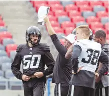  ?? JEAN LEVAC ?? Redblacks long-snapper Louis-Philippe Bourassa, left, says hockey was his first love. “I was always into hockey,” he says.