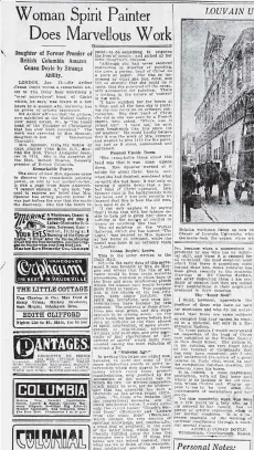  ??  ?? A Vancouver World story of Jan. 22, 1920 describes a “spirit painter.” That artist, Kathleen Spencer (formerly Beaven), was the daughter of Robert Beaven, the sixth premier of B.C. The painting drew praise from Sherlock Holmes serial author — and noted spirituali­st — Sir Arthur Conan Doyle.