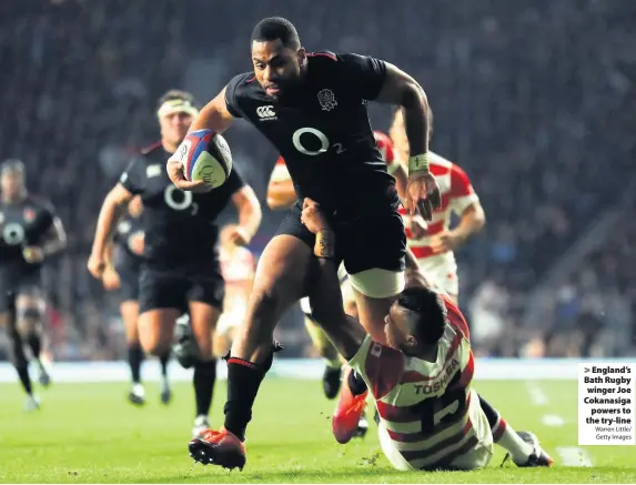  ?? Warren Little/ Getty Images ?? England’s Bath Rugby winger Joe Cokanasiga­powers to the try-line